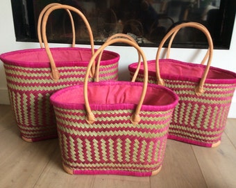 panier cabas aravola anses 60 cm avec pochon de fermeture.panier de paille, raphia jonc osier, panier de Plage