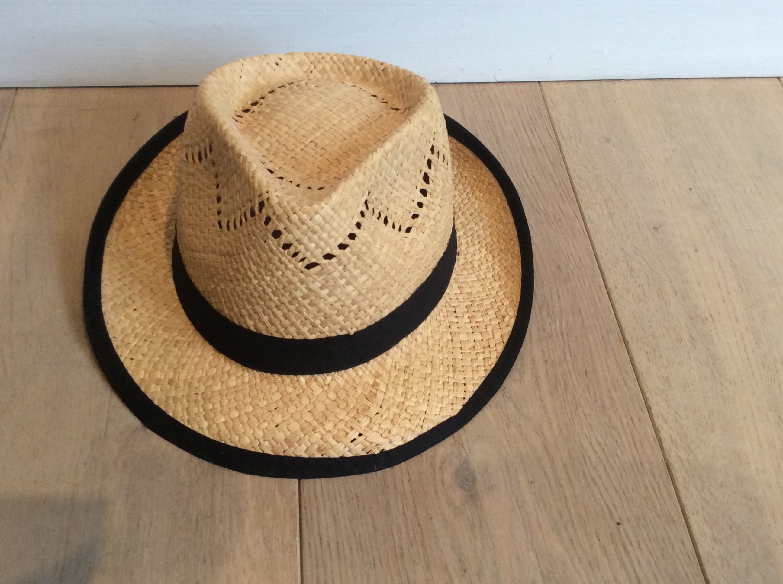 NWT VTG Deadstock Hat Sun Straw Panama Black Handwoven Raffia Madagascar Travel Vintage Straw Panama Hat - Etsy main image 4