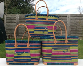 Large aravola basket with double rabane long handles and closing pouch. Beach bag, straw rush wicker raffia