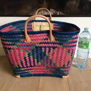 4 reinforced corners leather basket tote aravola leather handles 40cm. Straw tote bag. Ideal for shopping, markets, beach. Raffia, palm wicker, rush image 2