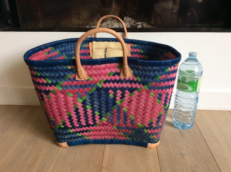 4 reinforced corners leather basket tote aravola leather handles 40cm. Straw tote bag. Ideal for shopping, markets, beach. Raffia, palm wicker, rush image 2