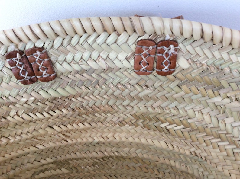 Lot de 2 paniers de marché marocain, doubles anses cuir longues, en palmier doum, panier de plage, cabas image 4