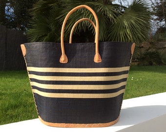 panier cabas "bato" anses 60 cm avec pochon de fermeture. panier de paille, raphia jonc osier, panier de Plage