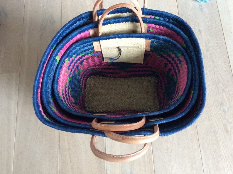 4 reinforced corners leather basket tote aravola leather handles 40cm. Straw tote bag. Ideal for shopping, markets, beach. Raffia, palm wicker, rush image 5