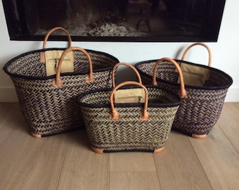 4 reinforced leather corners, Aravola tote bag with leather handles, 40cm. Straw tote bag. Ideal for shopping, markets, the beach. Raffia, palm, wicker, rush