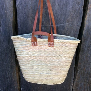 reinforced basket with double long leather handles, in doum palm, beach basket, shopping bag