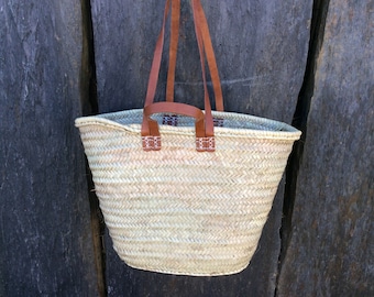Reinforced basket with double long leather handles, made of doum palm, beach basket, tote bag