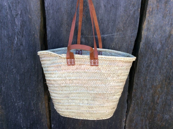 panier renforcé doubles anses cuir longues, en palmier doum, panier de plage, cabas