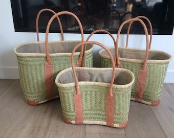 Aravola leather tote basket with handles, 60 cm, with closure pouch and leather reinforcement