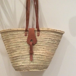 reinforced basket with long leather handles and leather flap, in doum palm, beach basket, tote bag image 2