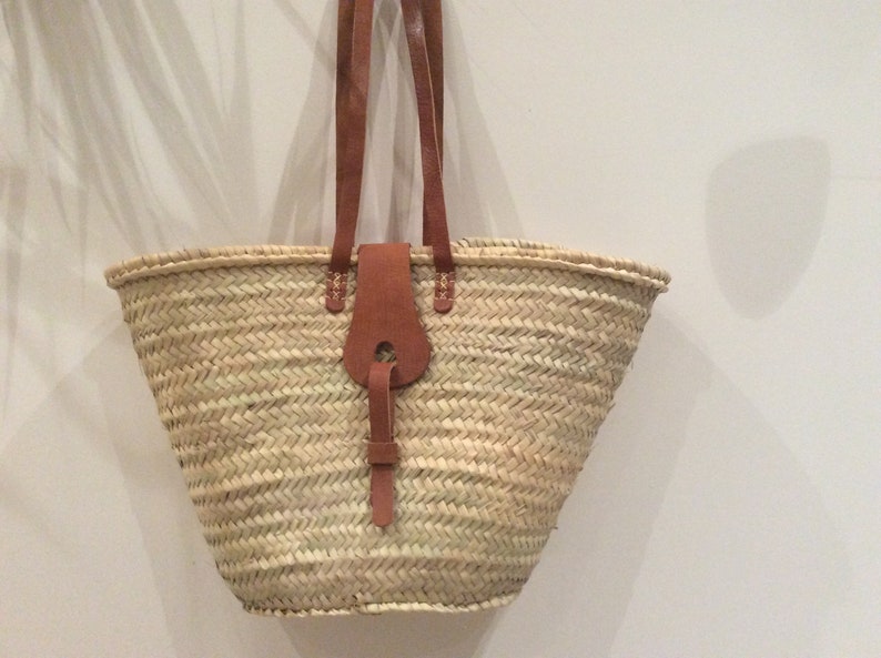 reinforced basket with long leather handles and leather flap, in doum palm, beach basket, tote bag image 2