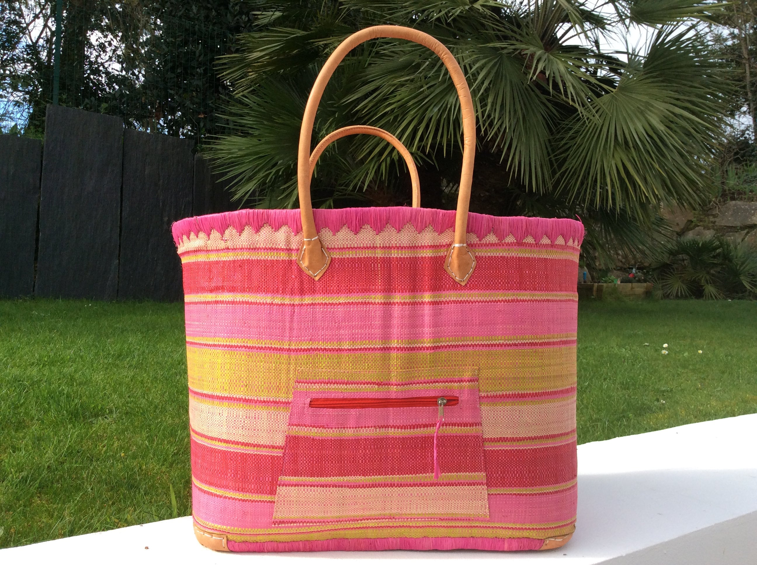 Panier Doublure Rabane Rouge + Poche zippée - Sac Cabas Anses Longues