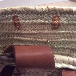 reinforced basket with long leather handles and leather flap, in doum palm, beach basket, tote bag image 6