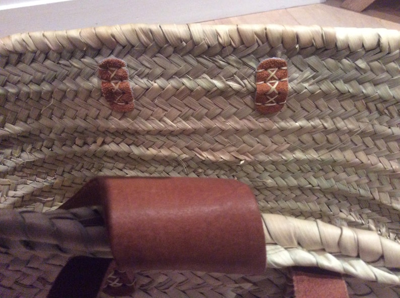 reinforced basket with long leather handles and leather flap, in doum palm, beach basket, tote bag image 6