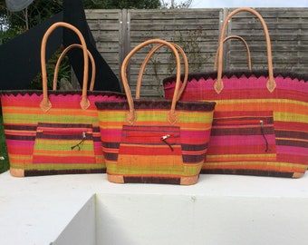 Large aravola basket with double rabane long handles and closing pouch. Beach bag, straw rush wicker raffia