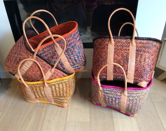 Aravola leather tote basket with handles, 60 cm, with closure pouch and leather reinforcement