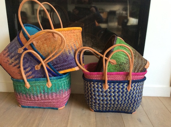 Großer Einkaufskorb mit 60cm langen Ledergriffen und Stoffverschluss. Einkaufstasche. Ideal zum Einkaufen, für Märkte und den Strand. Bast, Palmengeflecht, Binsen
