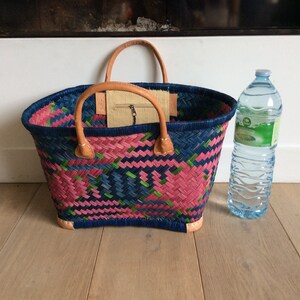 4 reinforced corners leather basket tote aravola leather handles 40cm. Straw tote bag. Ideal for shopping, markets, beach. Raffia, palm wicker, rush image 4