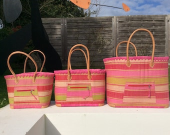 Large aravola basket with double rabane long handles and closing pouch. Beach bag, straw rush wicker raffia