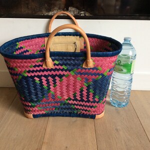 4 reinforced corners leather basket tote aravola leather handles 40cm. Straw tote bag. Ideal for shopping, markets, beach. Raffia, palm wicker, rush Blue