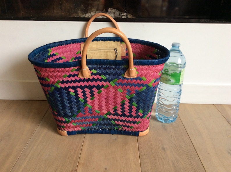 4 reinforced corners leather basket tote aravola leather handles 40cm. Straw tote bag. Ideal for shopping, markets, beach. Raffia, palm wicker, rush Blue