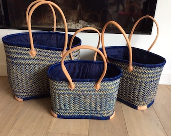 Aravola tote basket with handles, 60 cm, with drawstring closure. Straw, raffia, rush, wicker basket, beach basket