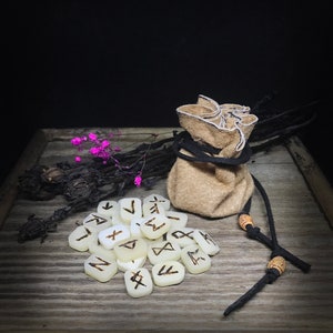 Bone Runes Set throwing runes Fairy gift Elder Futhark Handmade leather bad