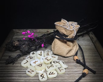 Bone Runes Set throwing runes Fairy gift Elder Futhark Handmade leather bad