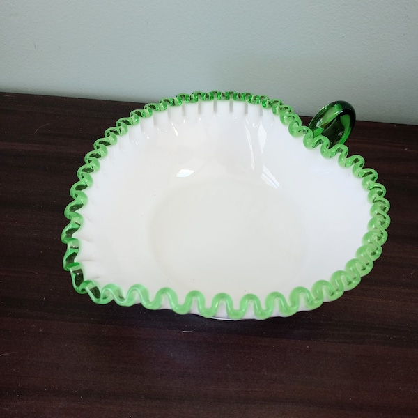 Fenton crimped emerald crest heart-shaped milk glass nappy dish