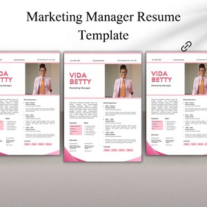 May include: A pink and white resume template with a photo of a woman in a pink blazer. The text "Marketing Manager Resume Template" is at the top of the page. The resume includes the woman's name, contact information, work experience, skills, and education.