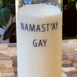 Namast&#39;ay Gay Custom Pronoun + Pride Flag Beer Can Glass