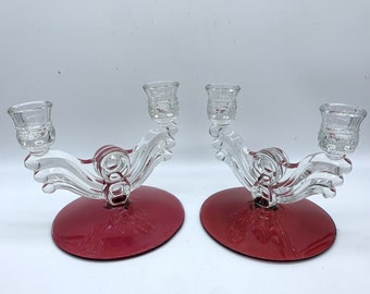 2 Tiffin-Franciscan King's Crown-Ruby Flashed  Double Light Candlestick Holders