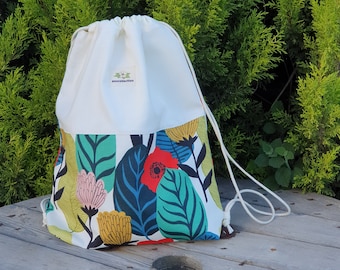 Handmade Floral Cotton Drawstring Backpack: Travel Bag