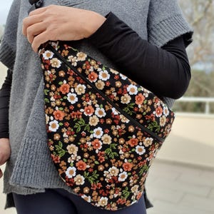 Large fanny pack. With cotton, floral fabric. Cute and stylish cross body bag.