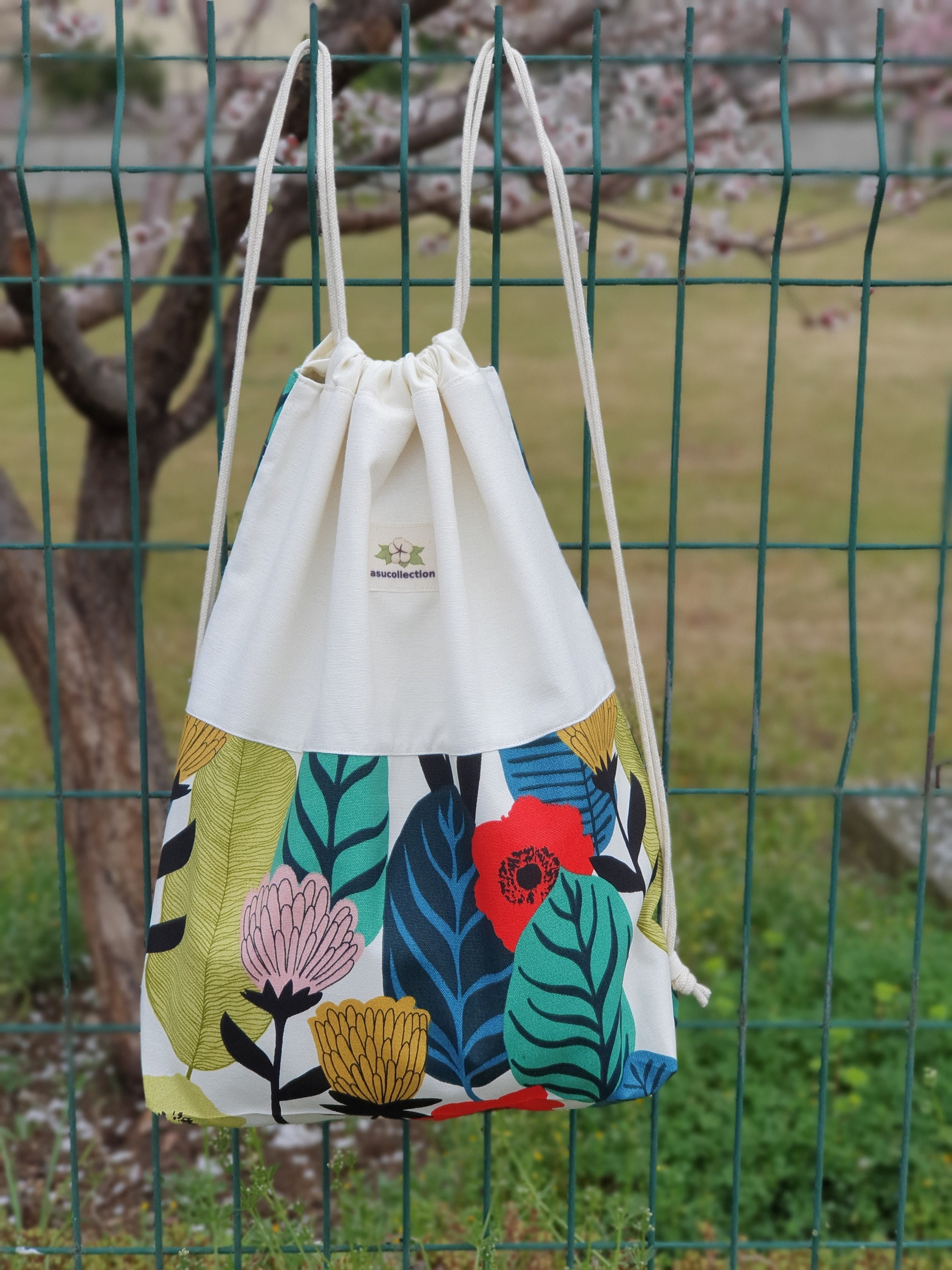 Handmade Floral Cotton Drawstring Backpack: Travel Bag - Etsy display picture 1