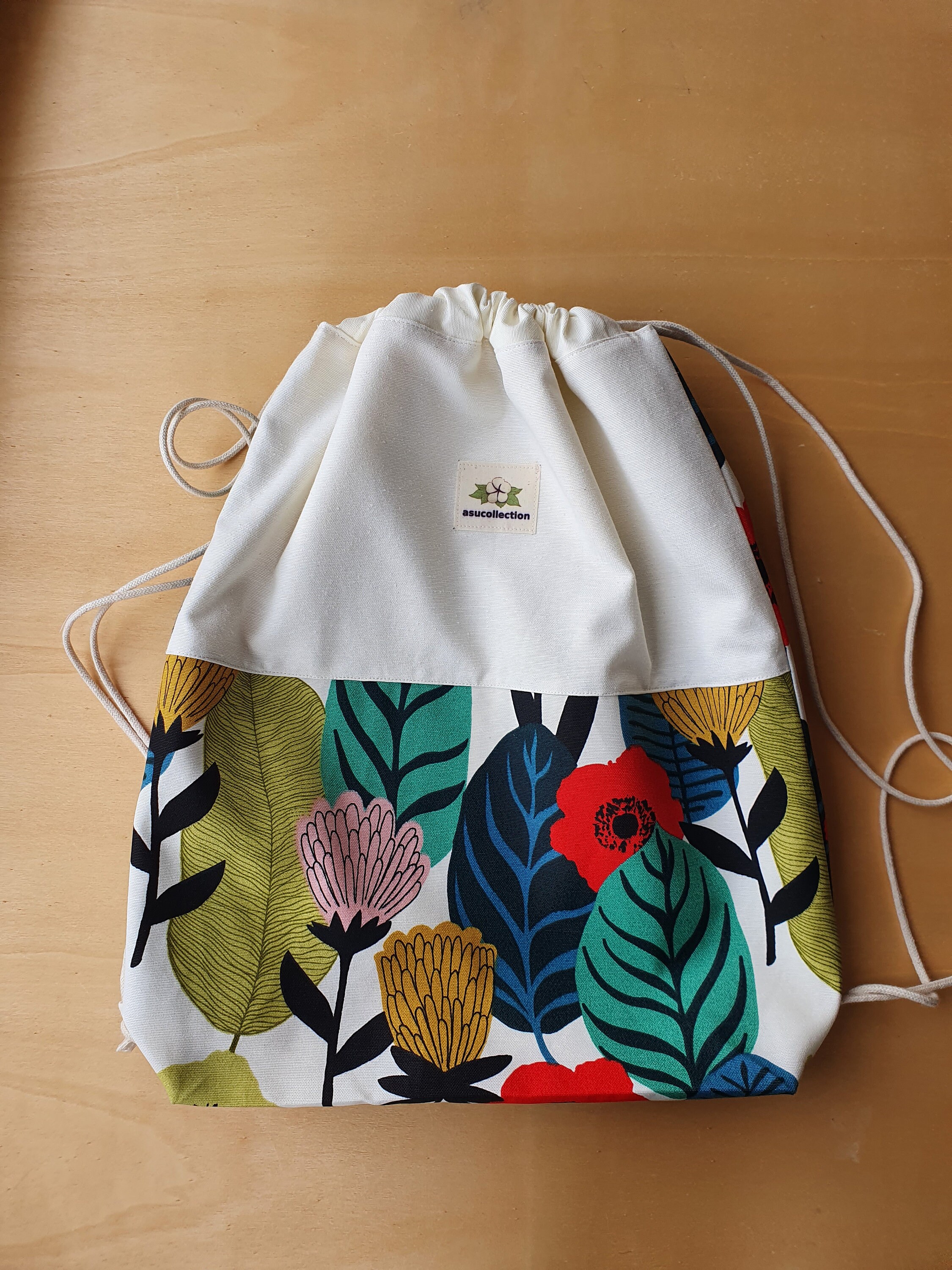 Handmade Floral Cotton Drawstring Backpack: Travel Bag - Etsy display picture 2