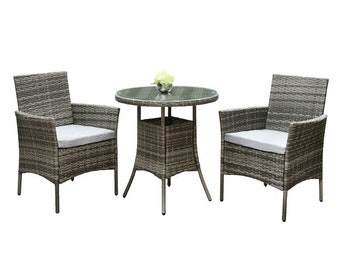 3 Piece Grey Rattan Garden Furniture Bistro Set Chair Table Patio Outdoor