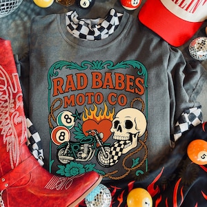 Rad Babes Moto Co Shirt | Biker Skull Graphic Tee | Western Rock Cowgirl Shirt | Comfort Colors Pepper | DTF Print | Retro Moto Babe Tee