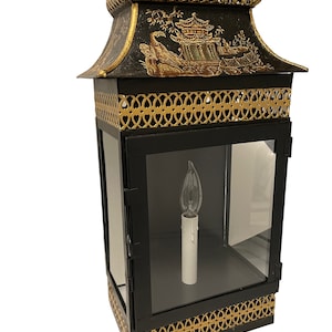 Chinese Chinoiserie Black & Gold Tole Electric Pagoda Lantern from Enchanted Home