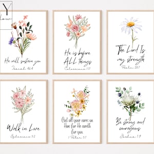 Wall Art Set Of 6, Scripture Artwork, Set Of 6 Prints, Floral Artwork, Bible Verse Print, Watercolor Scripture Print, Gallery Wall Set