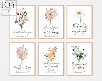 Wall Art Set Of 6, Scripture Artwork, Set Of 6 Prints, Floral Artwork, Bible Verse Print, Watercolor Scripture Print, Gallery Wall Set