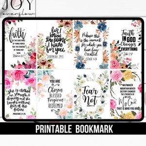 May include: Printable bookmark set featuring inspirational quotes with floral watercolor designs. Each bookmark displays a different quote with colorful flowers in shades of pink, blue, and yellow. The words "PRINTABLE BOOKMARK" are at the bottom.