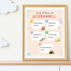 Five Pillars of Islam Printable for Kids – Islamic Educational Wall Art, Pastel Muslim Kids Room Decor, Digital Download Learning Poster
