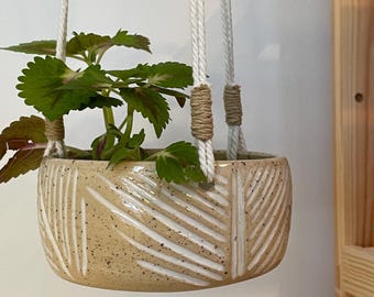 May include: A beige ceramic hanging planter with a textured, speckled surface and white linear designs. The planter holds a green and burgundy plant and is suspended by white rope.