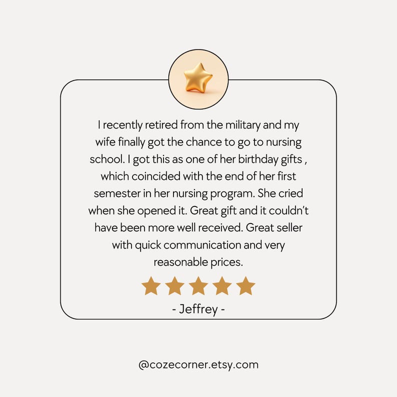 May include: A light beige graphic with a gold star icon and text. The text is a customer review about a gift. The review includes a 5-star rating and the Etsy shop's URL.