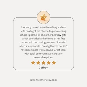 May include: A light beige graphic with a gold star icon and text. The text is a customer review about a gift. The review includes a 5-star rating and the Etsy shop's URL.