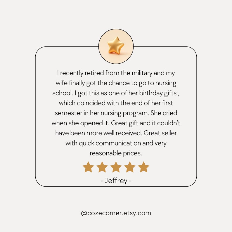 May include: A light beige graphic with a gold star icon and text. The text is a customer review about a gift. The review includes a 5-star rating and the Etsy shop's URL.