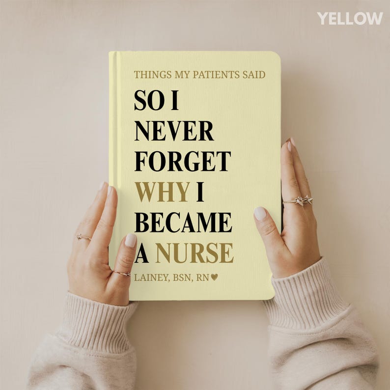 May include: A light yellow notebook with the text "THINGS MY PATIENTS SAID" and "SO I NEVER FORGET WHY I BECAME A NURSE." The notebook is held by hands with rings. The text "LAINEY, BSN, RN❤" is at the bottom.