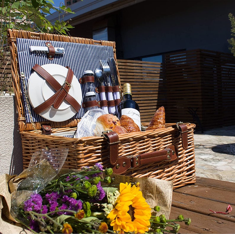 Handmade Wicker Picnic Basket Set for 2 Persons with Insulated image 1