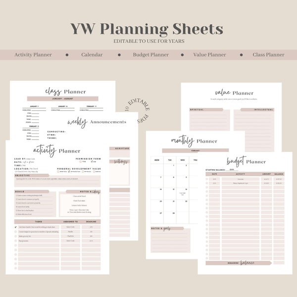 LDS YW Planning Worksheets: 10 Simple & Elegant Editable Latter-day Saints Young Women Planning PDF Worksheets